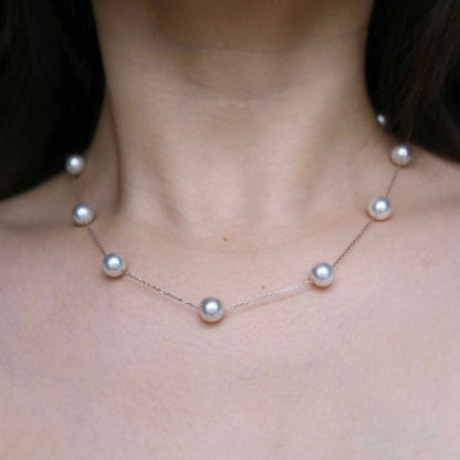 8mm Natural Silver Gray Akoya Pearl Station Necklace K18WG