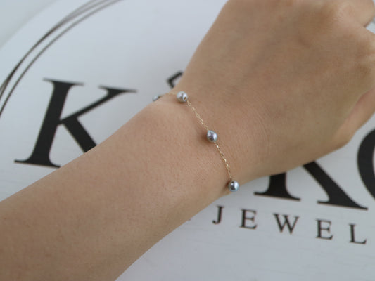 Baroque Shaped Natural Silver Blue Akoya Pearl Station Bracelet K10YG