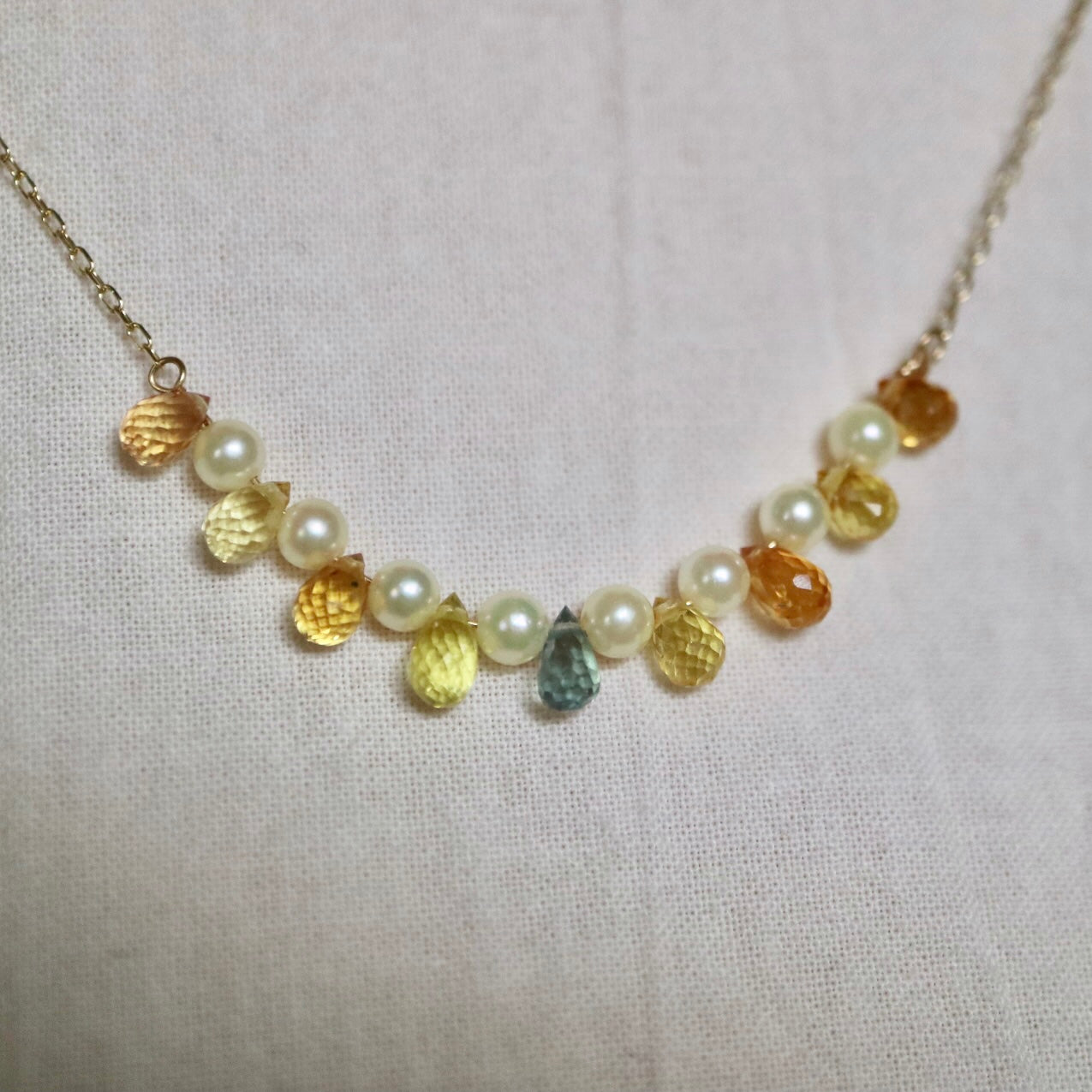 Rare Sized 2.5mm Akoya Pearl Rainbow Color Sapphire Smile Necklace 10K Yellow Gold
