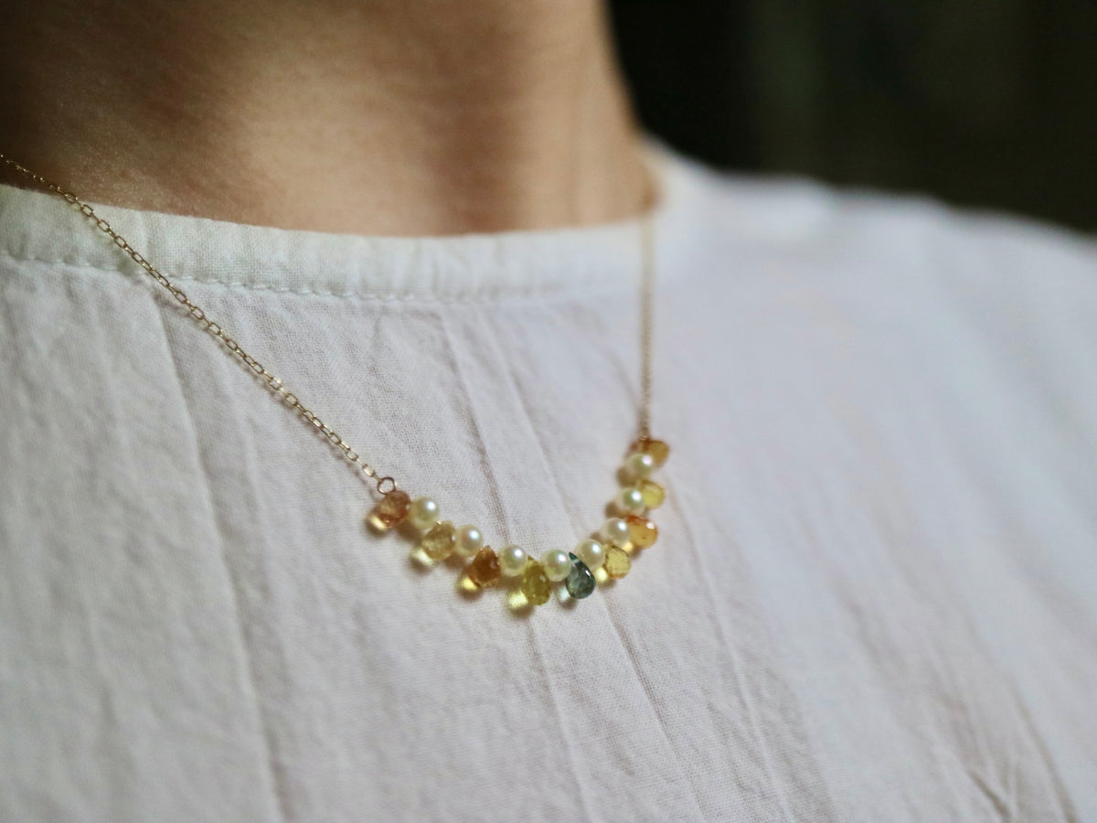 Rare Sized 2.5mm Akoya Pearl Rainbow Color Sapphire Smile Necklace 10K Yellow Gold
