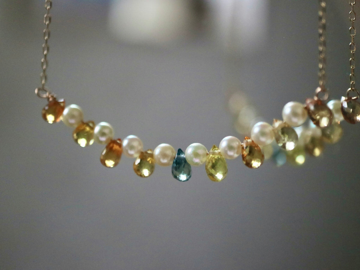Rare Sized 2.5mm Akoya Pearl Rainbow Color Sapphire Smile Necklace 10K Yellow Gold