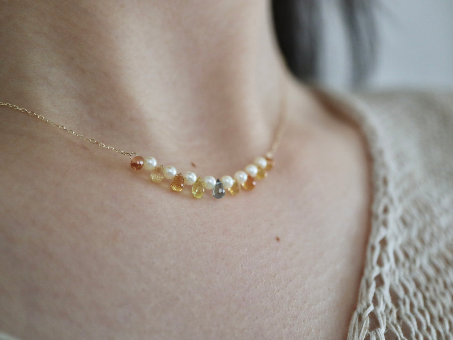 Rare Sized 2.5mm Akoya Pearl Rainbow Color Sapphire Smile Necklace 10K Yellow Gold