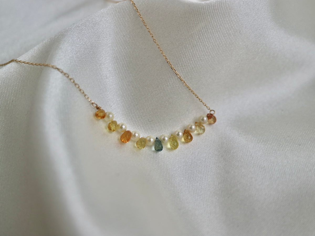 Rare Sized 2.5mm Akoya Pearl Rainbow Color Sapphire Smile Necklace 10K Yellow Gold