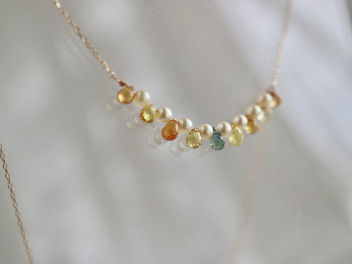 Rare Sized 2.5mm Akoya Pearl Rainbow Color Sapphire Smile Necklace 10K Yellow Gold