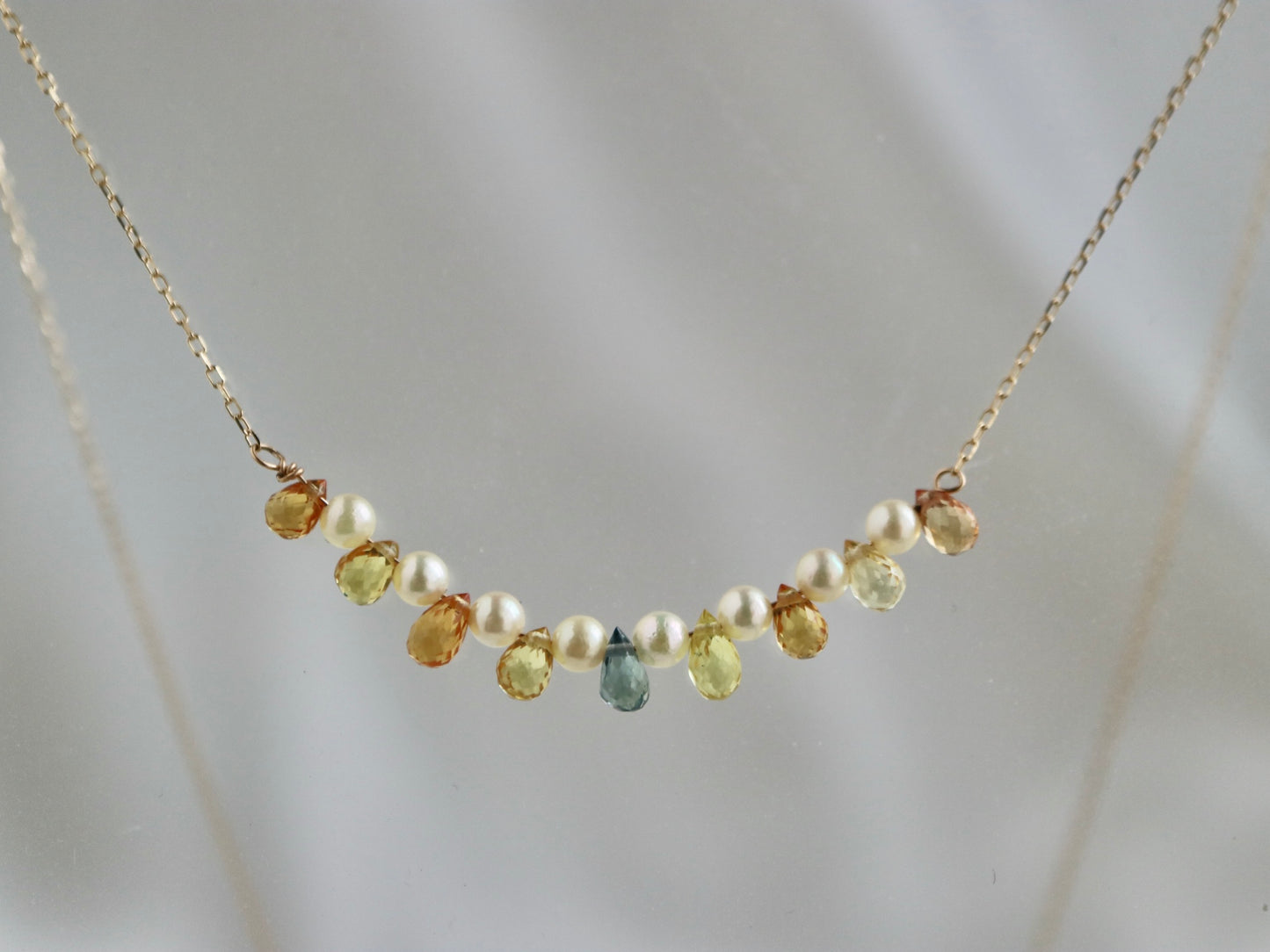 Rare Sized 2.5mm Akoya Pearl Rainbow Color Sapphire Smile Necklace 10K Yellow Gold