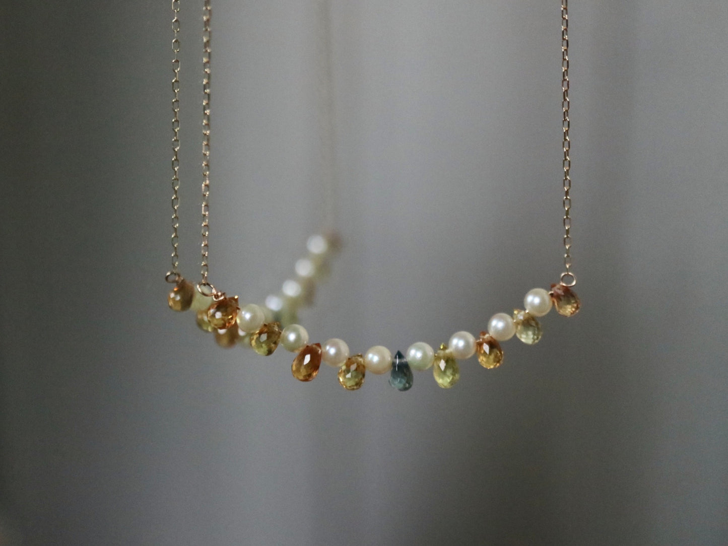 Rare Sized 2.5mm Akoya Pearl Rainbow Color Sapphire Smile Necklace 10K Yellow Gold