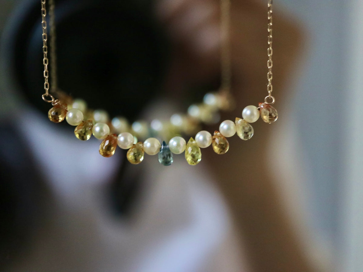 Rare Sized 2.5mm Akoya Pearl Rainbow Color Sapphire Smile Necklace 10K Yellow Gold