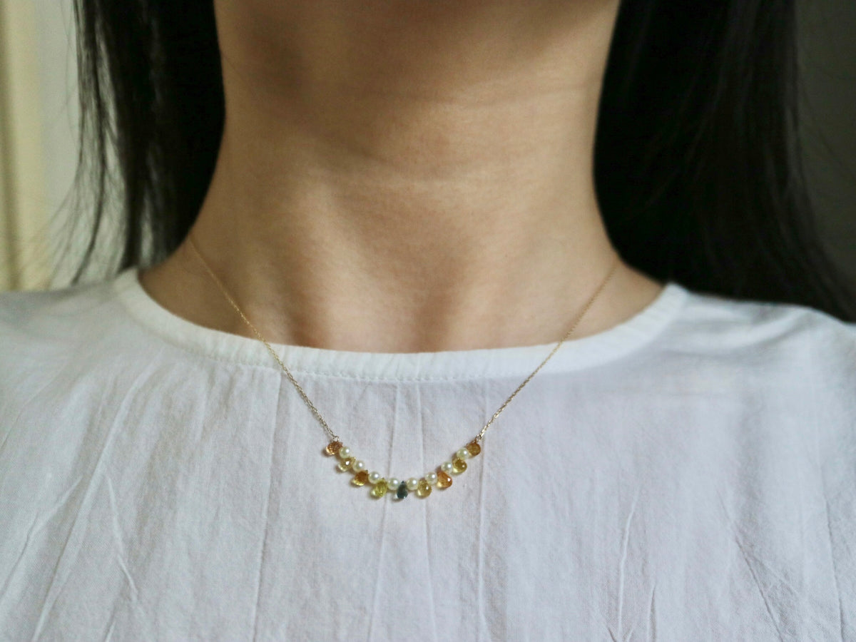 Rare Sized 2.5mm Akoya Pearl Rainbow Color Sapphire Smile Necklace 10K Yellow Gold