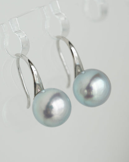 7mm Natural Silver Gray Akoya Pearl Drop Hook Earrings 18K White Gold