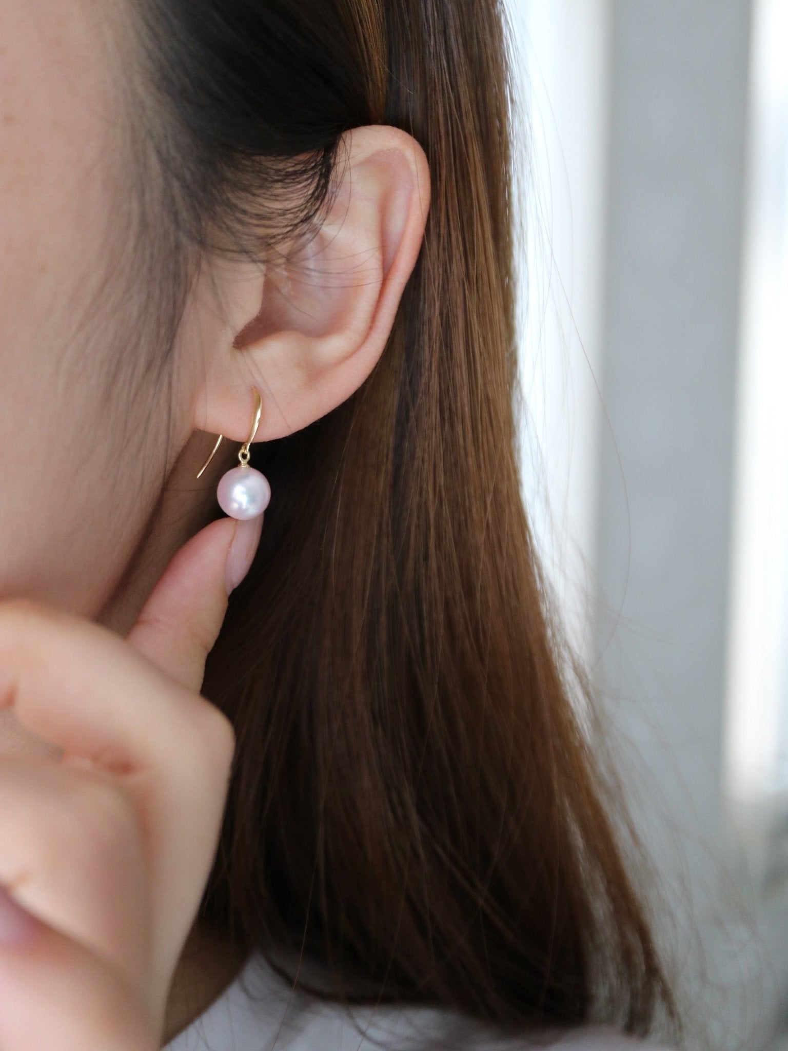 Rare Size 9mm Akoya Pearl Drop Hook Earrings 18K Gold - KOKOPEARLJEWELRY - 2