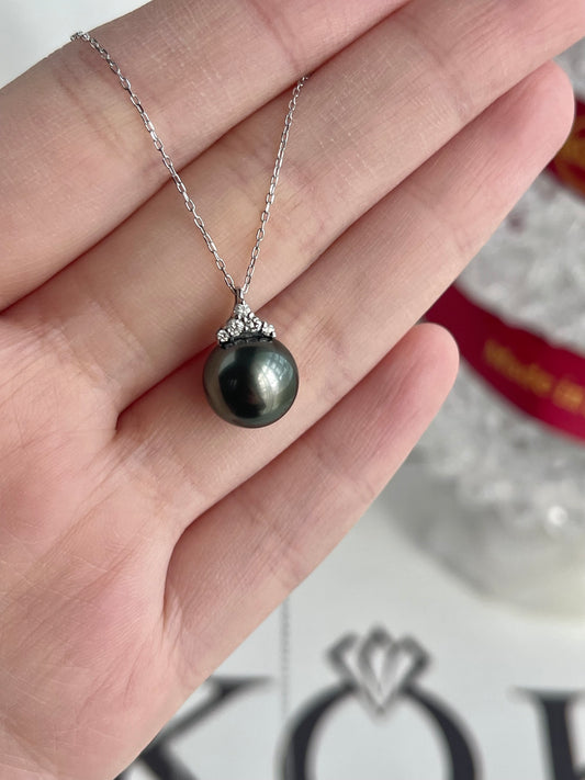 10mm タヒチ真珠 クラウン ダイヤモンド ペンダント ネックレス 18K ホワイト ゴールド