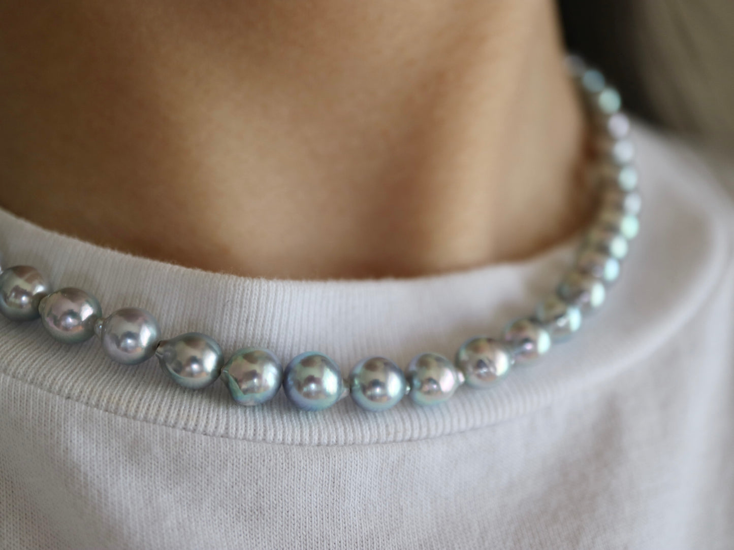 Baroque Shaped 6.5mm Natural Silver Blue Akoya Pearl Strand Necklace