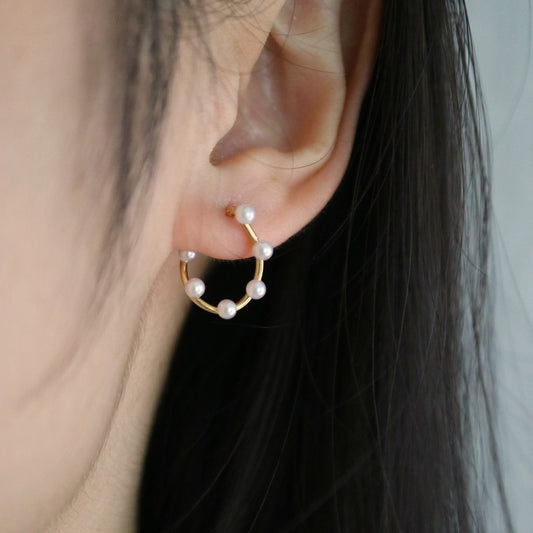 Rare Size 2.5mm Akoya Pearl Curved Hoop Earrings 18K Yellow Gold