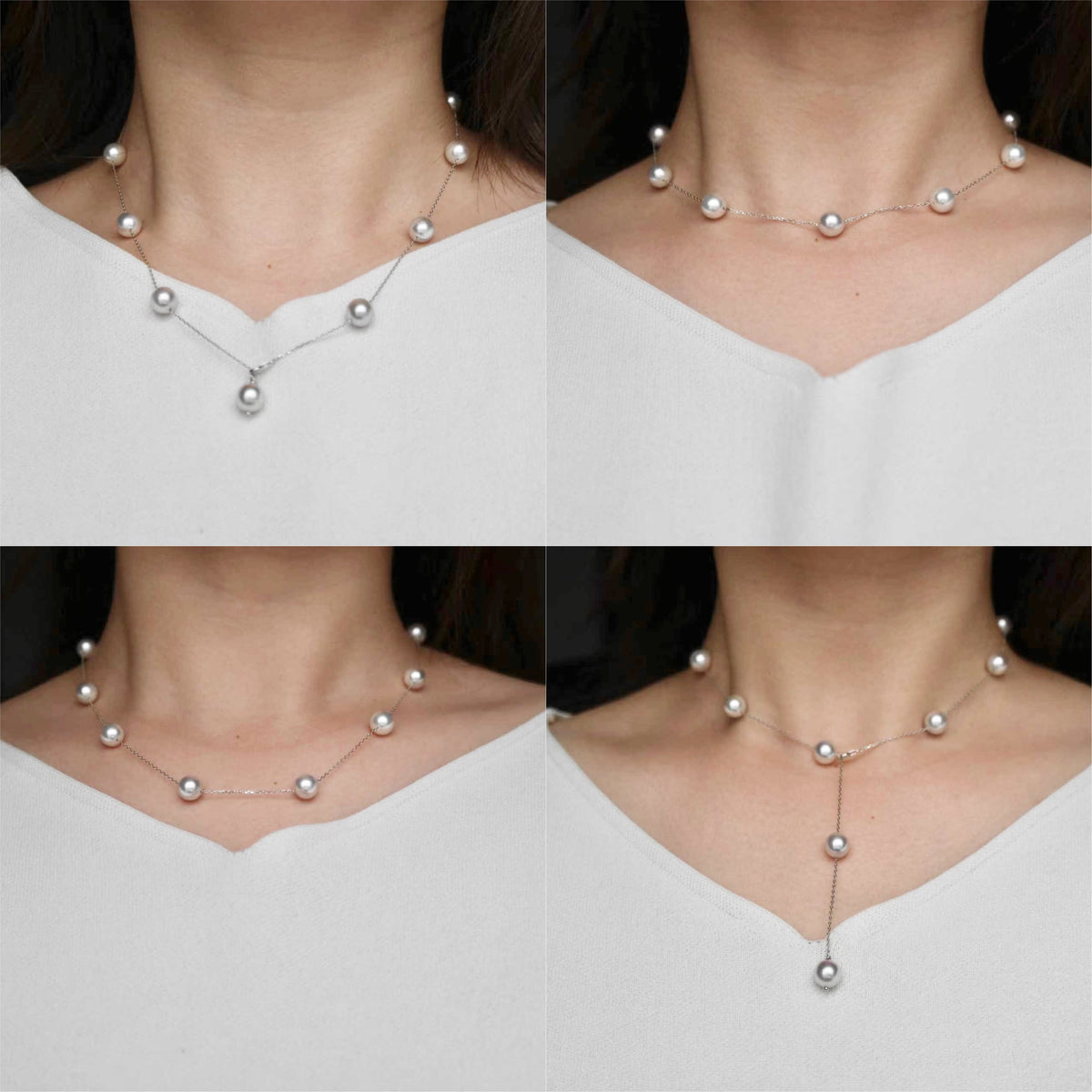 Elegant Japanese Akoya pearl necklace with delicate chain, showcasing lustrous seawater pearls on a model.