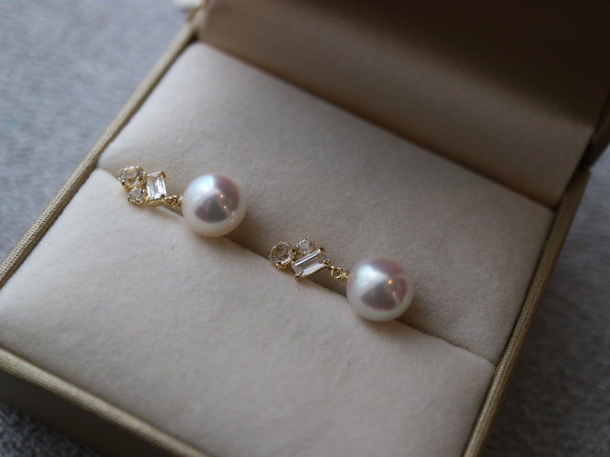 7.5mm Akoya Pearl White Topaz Earrings 18K Yellow Gold