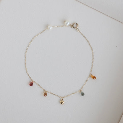 Gold Heart Akoya Pearl Mixed Color Sapphire Station Bracelet 10K Gold - KOKOPEARLJEWELRY - 8