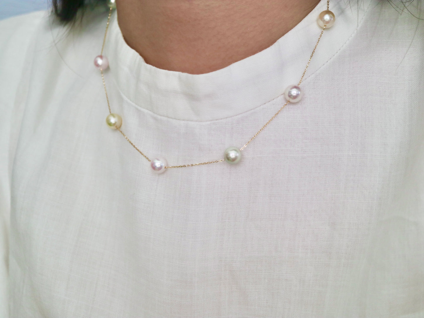 Rainbow Color 7.5mm Akoya Pearl Station Necklace 18K Gold