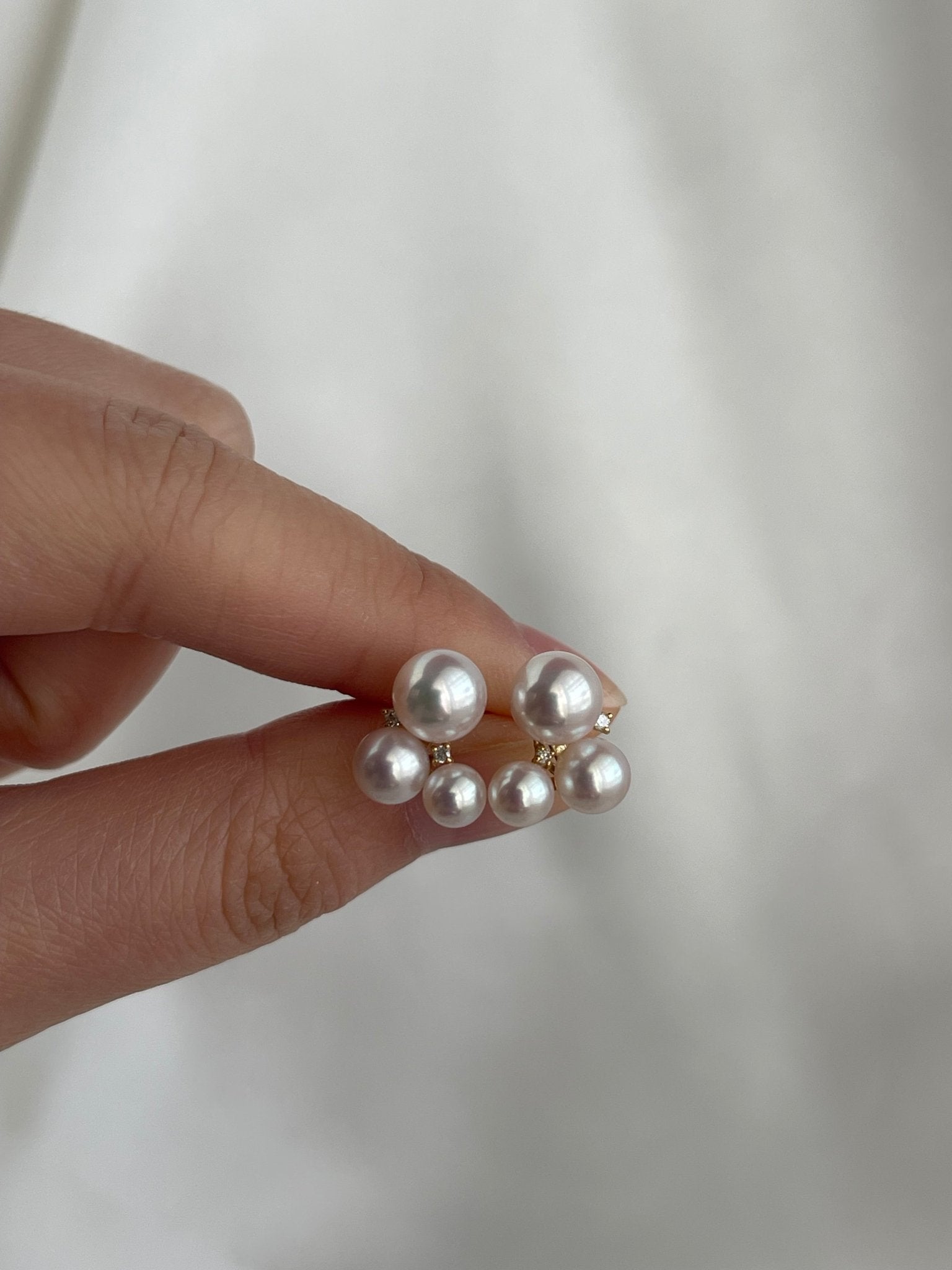 Three Akoya Pearl Diamond Stud Earrings 18K Gold - KOKOPEARLJEWELRY - 8