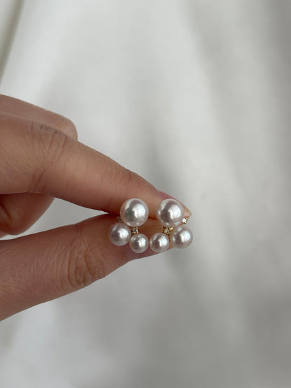 Three Akoya Pearl Diamond Stud Earrings 18K Gold - KOKOPEARLJEWELRY - 8