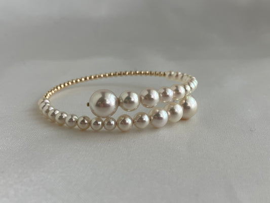 Gradient Size Akoya Pearl 10K/18K Gold Beads Flexible Memory Wire Bangle
