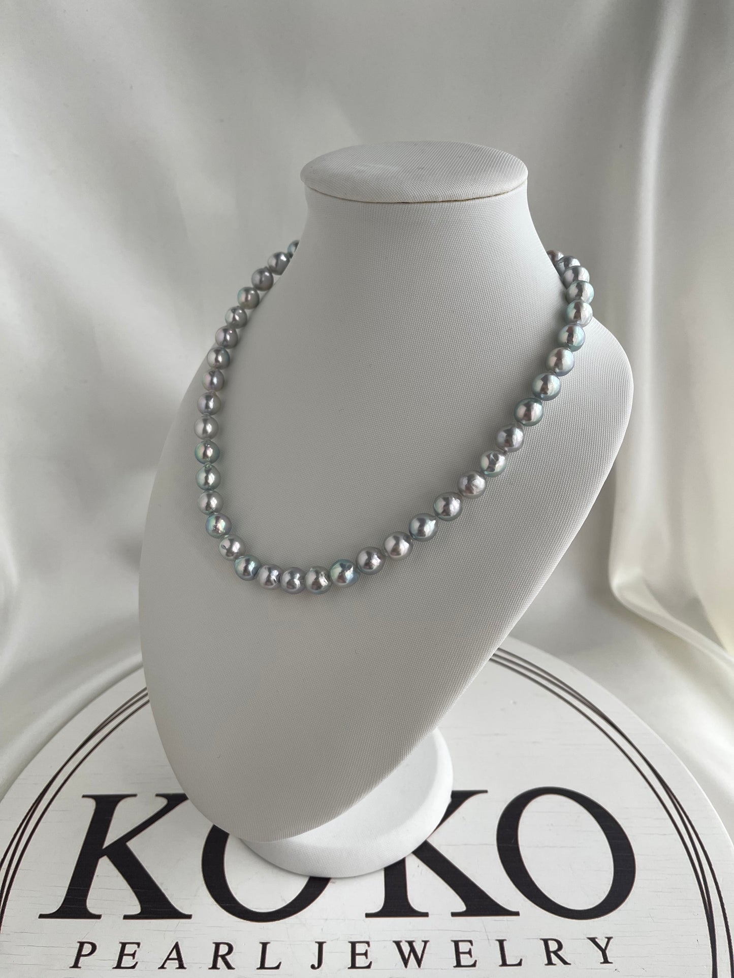 Certified 8.5mm Natural Silver Blue Tone Baroque Shaped Akoya Pearl Strand Necklace