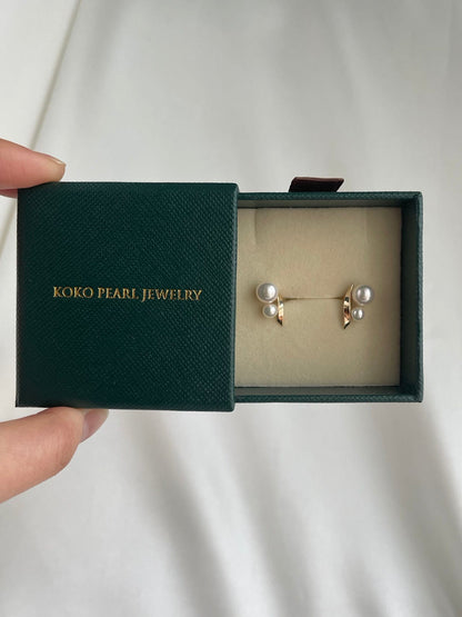 4+6.5mm Two Akoya Pearl Bar Stud Earrings 10K / 18K Yellow Gold - KOKOPEARLJEWELRY - 7