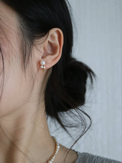 4+6.5mm Two Akoya Pearl Bar Stud Earrings 10K / 18K Yellow Gold - KOKOPEARLJEWELRY - 2