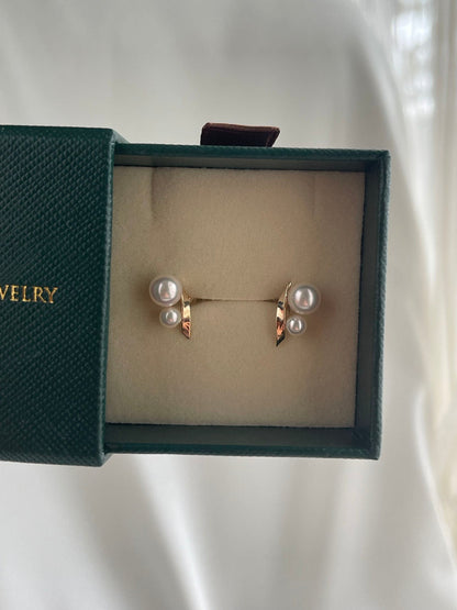 4+6.5mm Two Akoya Pearl Bar Stud Earrings 10K / 18K Yellow Gold - KOKOPEARLJEWELRY - 5