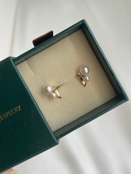 4+6.5mm Two Akoya Pearl Bar Stud Earrings 10K / 18K Yellow Gold - KOKOPEARLJEWELRY - 6