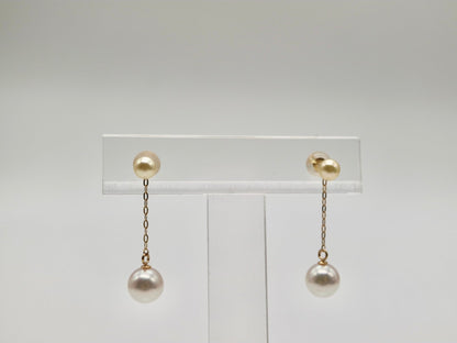2Ways Wearing Double Color Akoya Pearl Drop Earrings 18K Yellow Gold