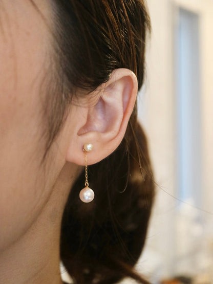 2Ways Wearing Double Color Akoya Pearl Drop Earrings 18K Yellow Gold