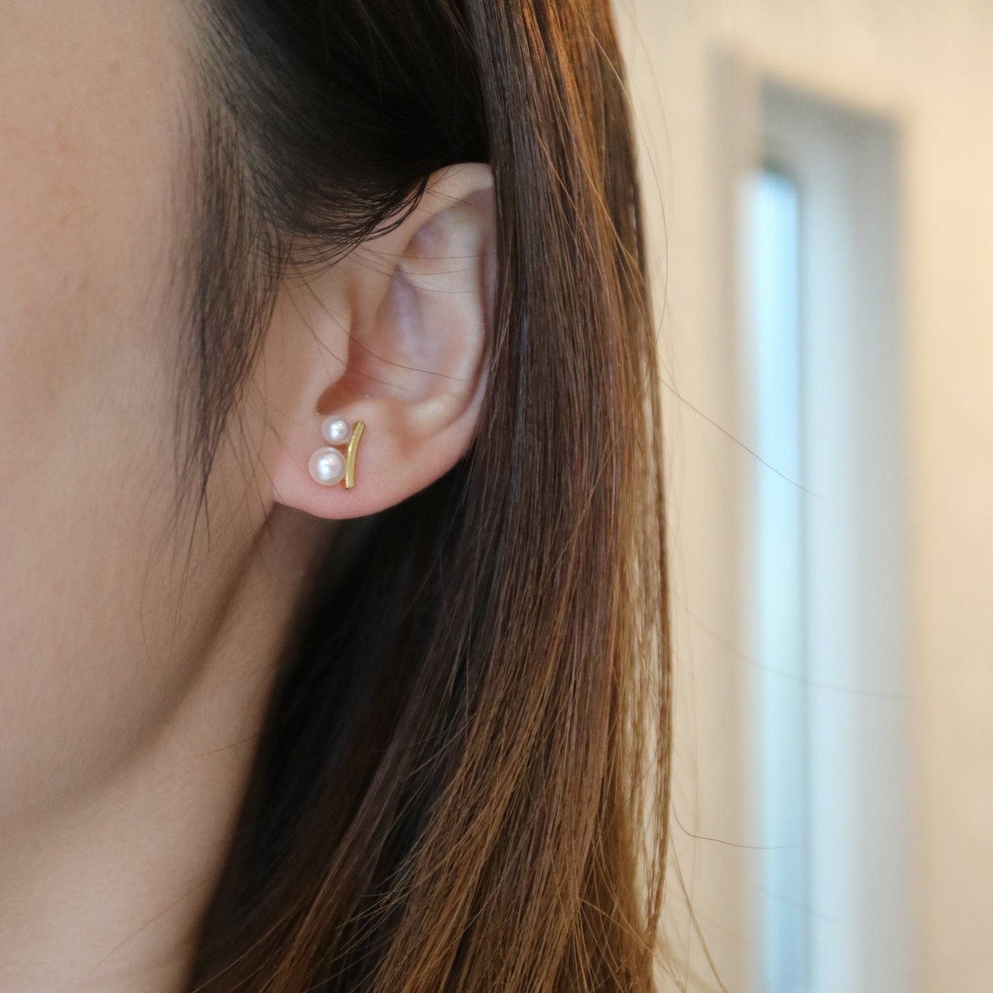3.5+4.5mm Two Akoya Pearl Bar Stud Earrings 18K Yellow Gold - KOKOPEARLJEWELRY - 2