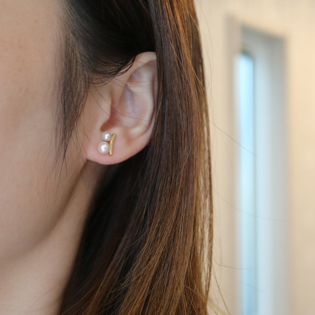 3.5+4.5mm Two Akoya Pearl Bar Stud Earrings 18K Yellow Gold - KOKOPEARLJEWELRY - 2
