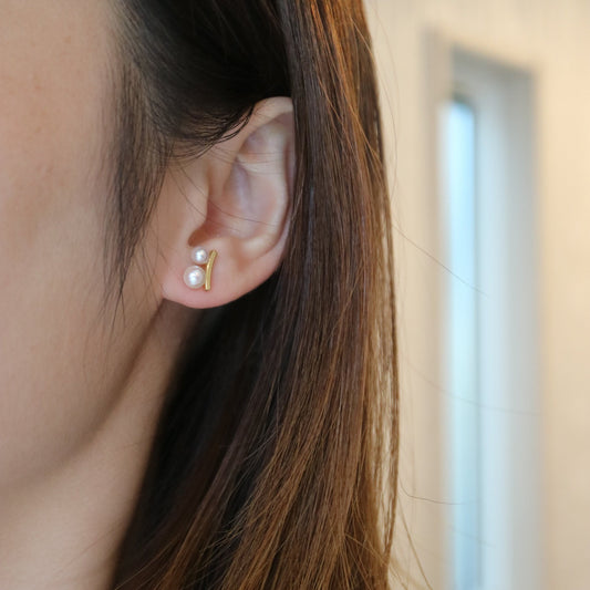 3.5+4.5mm Two Akoya Pearl Bar Stud Earrings 18K Yellow Gold - KOKOPEARLJEWELRY - 2