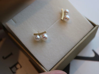 3.5+4.5mm Two Akoya Pearl Bar Stud Earrings 18K Yellow Gold - KOKOPEARLJEWELRY - 4