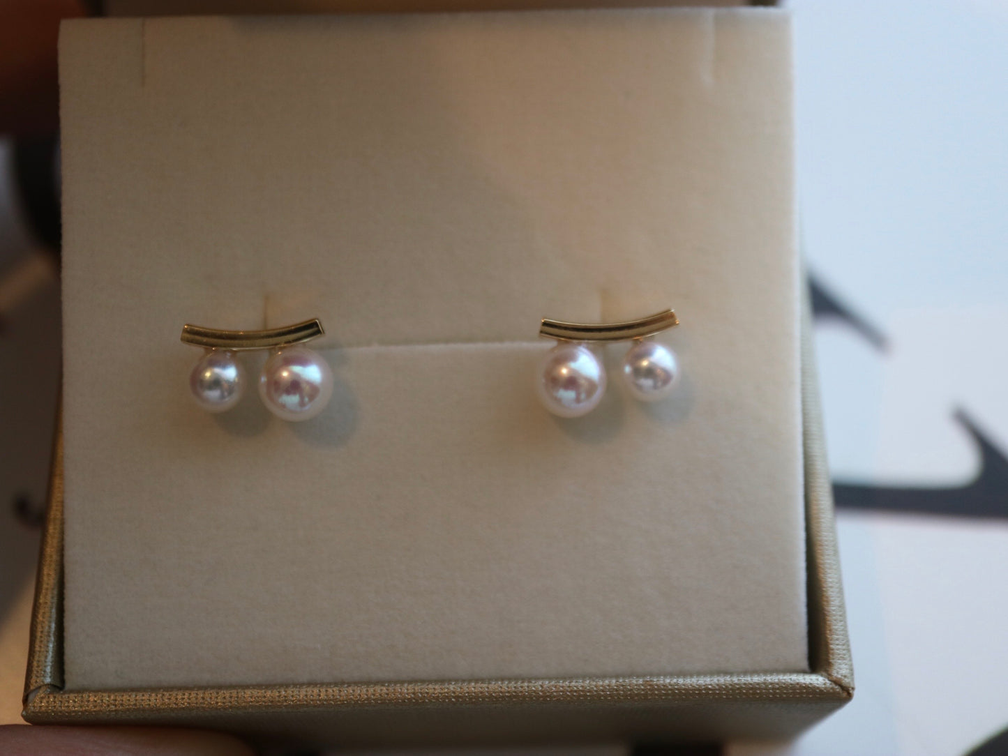 3.5+4.5mm Two Akoya Pearl Bar Stud Earrings 18K Yellow Gold - KOKOPEARLJEWELRY - 5