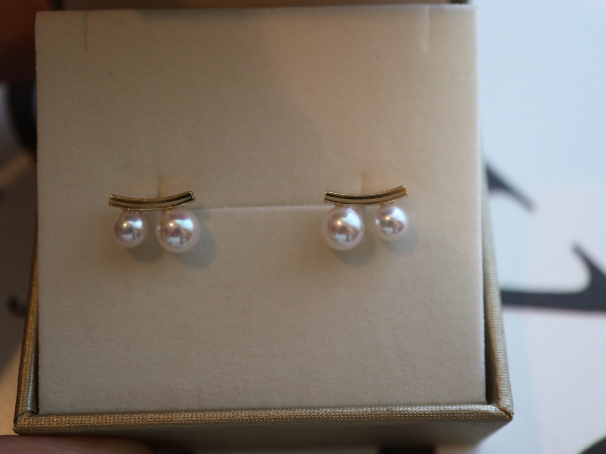 3.5+4.5mm Two Akoya Pearl Bar Stud Earrings 18K Yellow Gold - KOKOPEARLJEWELRY - 5