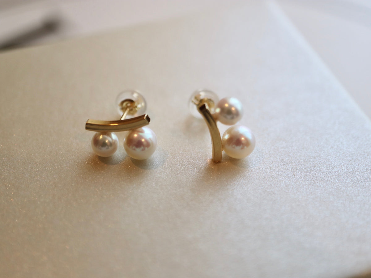 3.5+4.5mm Two Akoya Pearl Bar Stud Earrings 18K Yellow Gold - KOKOPEARLJEWELRY - 7