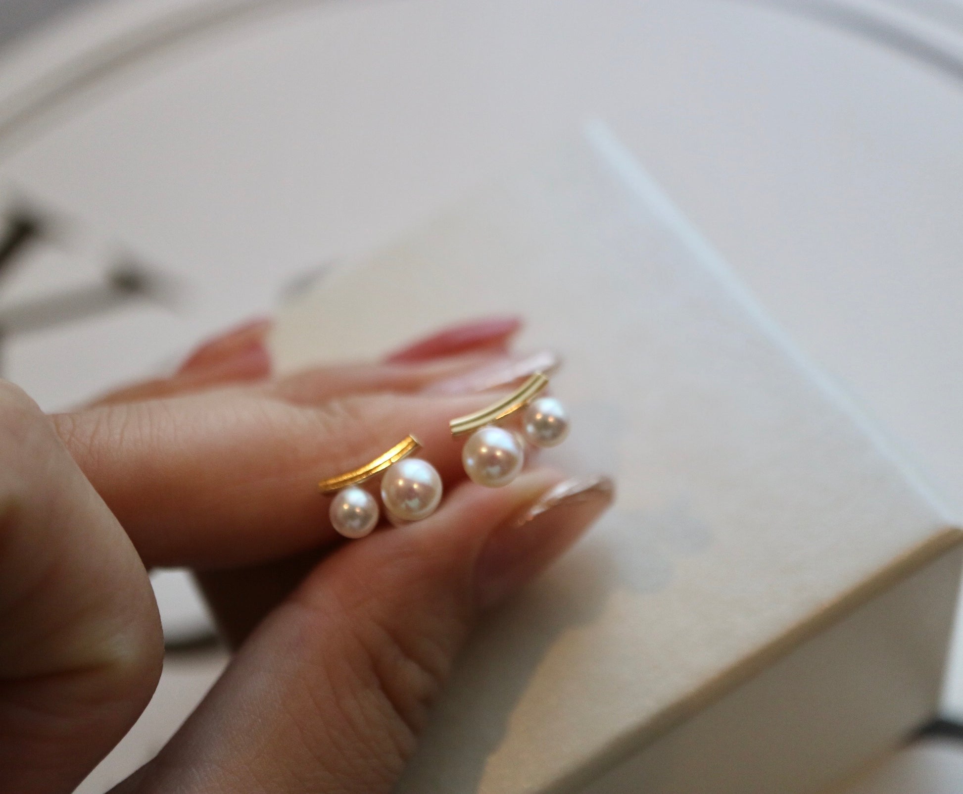 3.5+4.5mm Two Akoya Pearl Bar Stud Earrings 18K Yellow Gold - KOKOPEARLJEWELRY - 9