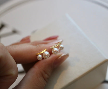 3.5+4.5mm Two Akoya Pearl Bar Stud Earrings 18K Yellow Gold - KOKOPEARLJEWELRY - 9