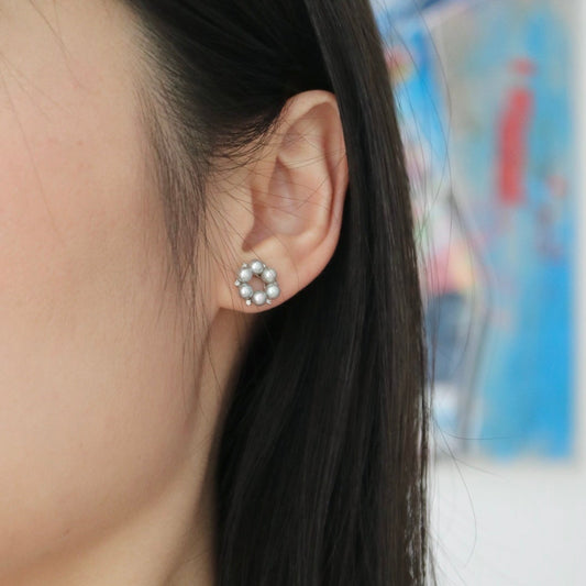 Rare Size 3.5mm Natural Silver Blue Akoya Pearl Diamond Halo Stud Earrings Pt900 Platinum