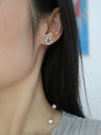 Rare Size 3.5mm Natural Silver Blue Akoya Pearl Diamond Halo Stud Earrings Pt900 Platinum - KOKOPEARLJEWELRY - 3