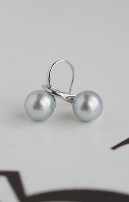 7mm Natural Silver Gray Akoya Pearl Drop Hook Earrings 18K White Gold