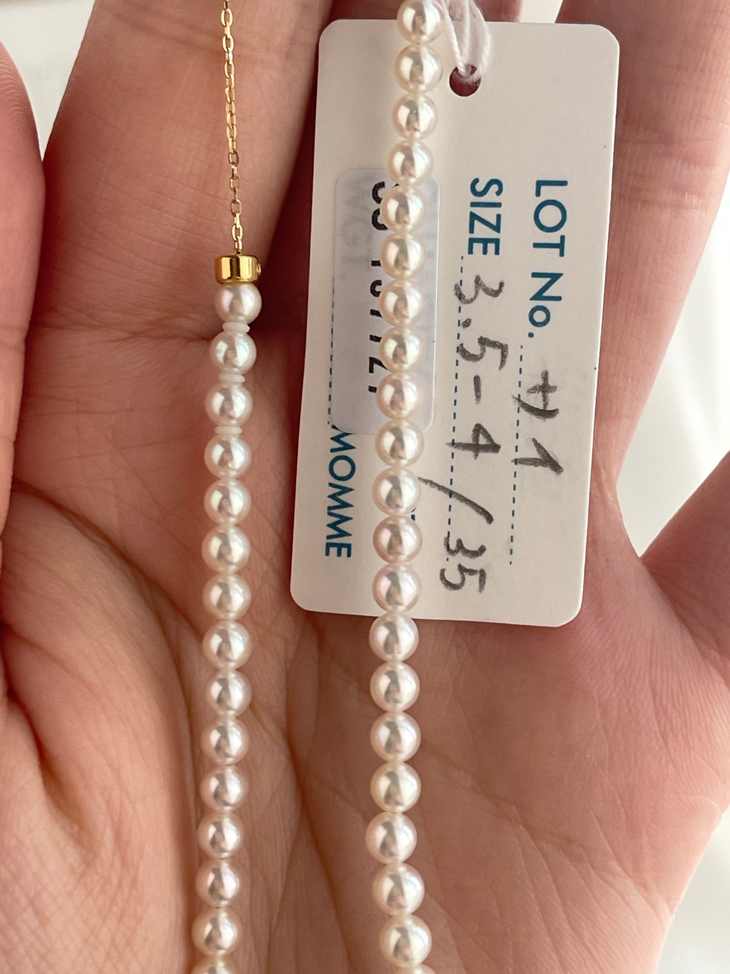 Top Class 3.5-4mm Akoya Pearl Strand Necklace with Aurora Sairin Certificate 18K Gold Adjustable Chain Certified by Pearl Science Laboratory