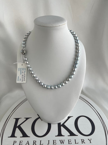 Certified Natural Silver Blue 8mm Akoya Pearl Strand Necklace