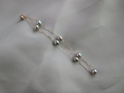 바로크형 천연 실버 블루 아코야 진주 스테이션 팔찌 K10YG