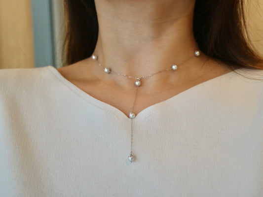 6mm 天然シルバー ブルー アコヤ真珠 ステーションネックレス 18K ホワイトゴールド 45cm