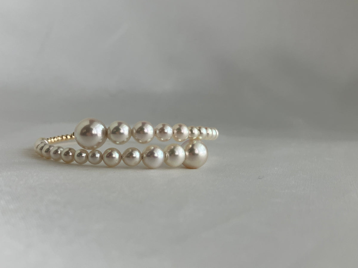 Gradient Size Akoya Pearl 10K/18K Gold Beads Flexible Memory Wire Bangle - KOKOPEARLJEWELRY - 5