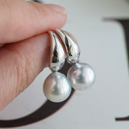 Rare Large 9mm Natural Silver Blue Akoya Pearl Drop Earrings K10 K18 White Gold