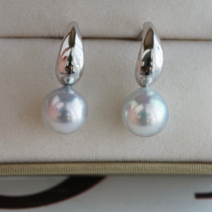 Rare Large 9mm Natural Silver Blue Akoya Pearl Drop Earrings K10 K18 White Gold